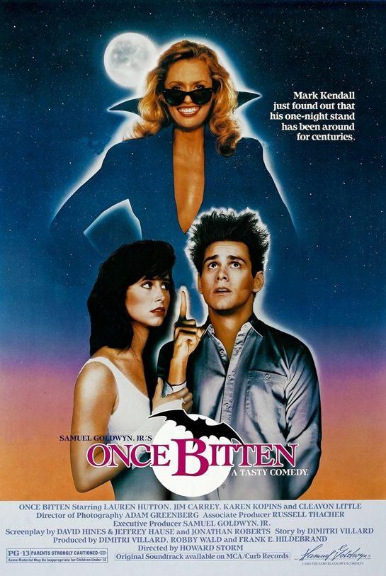 Two 1980s teens looking all virginal and whatnot, while an adult lady, looking all sexy, smiles behind them. The words Once Bitten are at bottom center in red outlined in white 