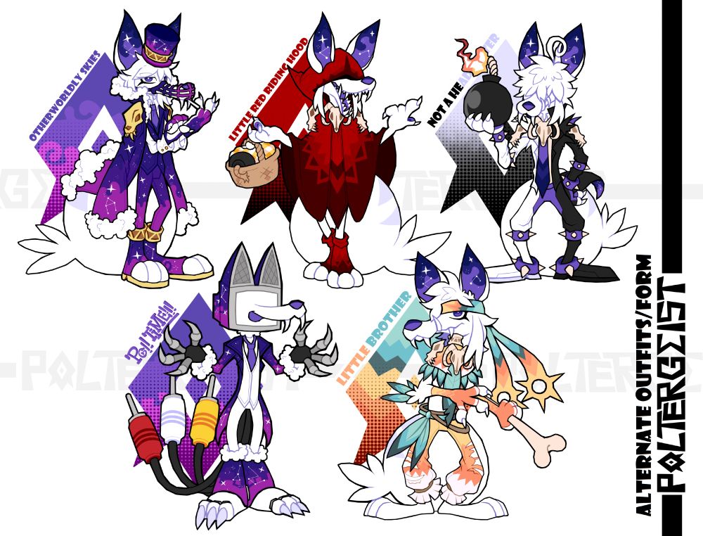 A reference sheet of Poltergeist's various clothing pieces. The first one is a cosmic + cloud themed vintage jacket and topper hat. The second is themed around the little red riding hood. The third one is a fancy but slightly thorn half black half white suit with multiple purple spiky bracelets. The fourth one is a monitor robot looking Poltergeist, reference to Deltarune's TV character Tenna, and the last one is a tribal clothing consisting of mostly orange with seafoam green feathers.