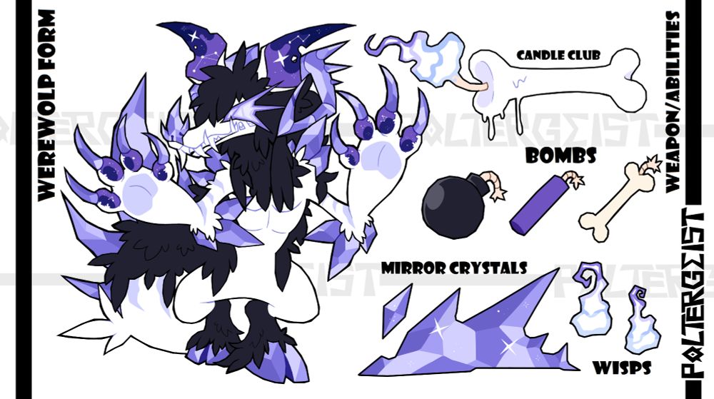 A reference sheet showing Poltergeist's weapons on the right, which is a candle club, different kinds of bomb including a bomb shaped one, crystals and will'o'wisps. On the left, his werewolf form, a menacing beast still wearing his black sheep clothing, but bigger with of crystals coming from his elbow, tail, shoulders and even nose.