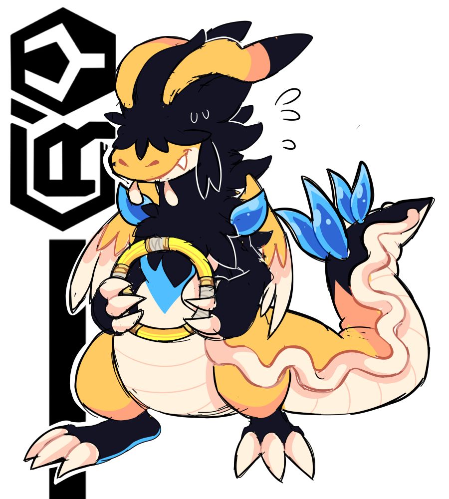 Cry, my sona, a chubby nudibranch dragon, holding the ring from Ring Fit Adventures in a rather timid manner