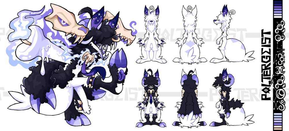 A reference sheet of the my fursona Poltergeist. On the top right is his version without his clothes, with snow white fur, cosmic purple on the inside of the ears and beans, with his fur covering his face, and a big round fluffy tail. On bottom right, his version with clothes, which is a black sheep clothing, with a purple tie held by a ram's skull, with two wolf skulls on his shoulders, two braceles on each arm and one on each of his legs. The left has a dynamic drawing of him wearing his signature candle club, with his shoulder skulls now alive, as two floating ghostly wolves, called Glooby and Groovy