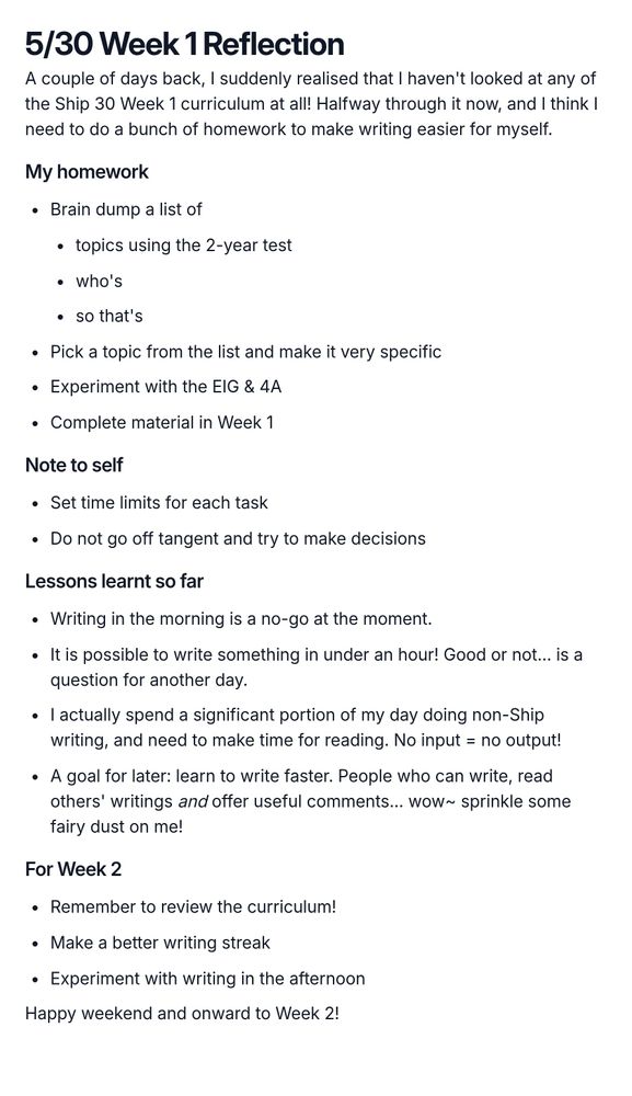 Screenshot essay titled '5/30 Week 1 Reflection', featuring a personal reflection on the Ship 30 Week 1 curriculum, including a list of homework tasks: 1. Brain dump topics using the 2-year test, who's, so that's; 2. Pick a topic and make it specific; 3. Experiment with EIG & 4A; 4. Complete Week 1 material. The note to self emphasizes setting time limits and staying on task. Lessons learnt include insights about morning writing, the possibility of writing quickly, the importance of reading for output, and a goal to learn faster writing techniques. Upcoming goals for Week 2 include reviewing the curriculum, improving writing streaks, and experimenting with afternoon writing. The essay ends with a positive note for the weekend.
