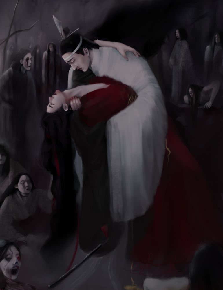 Lan wangji holding a dead wei wuxian in his arms, in the middle of walking corpses. Fanart of the main couple of mo dao zu shi(grandmaster of demonic cultivation)