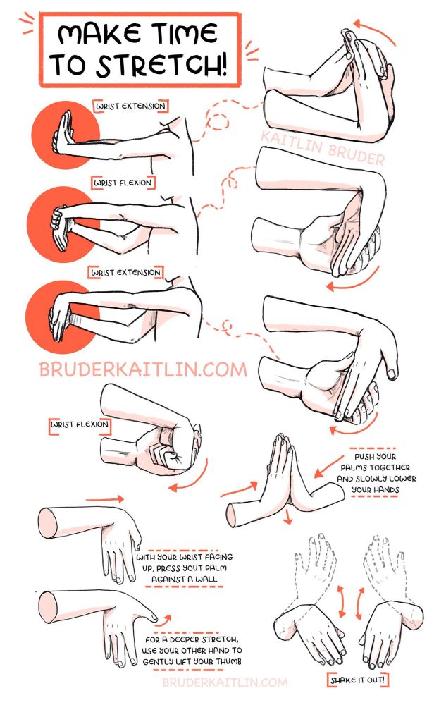 a bunch of drawn diagrams of hand stretches. the text at the top reads MAKE TIME TO STRETCH! 

it shows wrist extensions and flexions, with the arm straight out and hand palm out with the hand gently stretched up and down. the same stretches with the hand in a fist. the same stretch but with the palm against a wall. a stretch of pressing your palms together with wrists parallel to the ground and slowly lowering the heels of the palms. and a gentle shaking out of the hands.