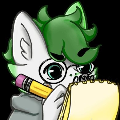 Taking notes emote showing Pufflemaster (the furry >:3) taking notes on a yellow ring block with a pencil. 