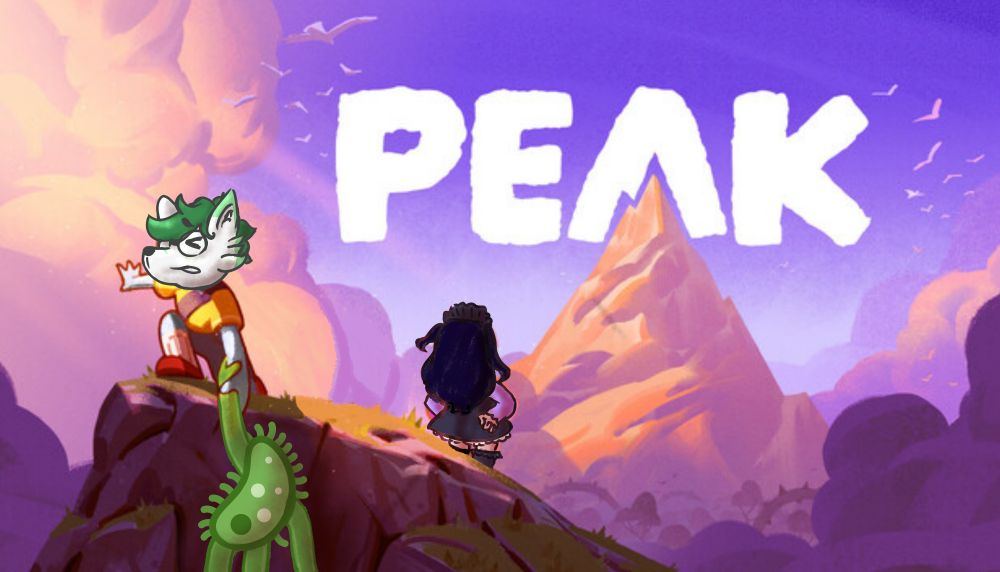 Peak title image but oberdrawn to show mone and Puffles Vtuber Models and Rowan as a microbe person.