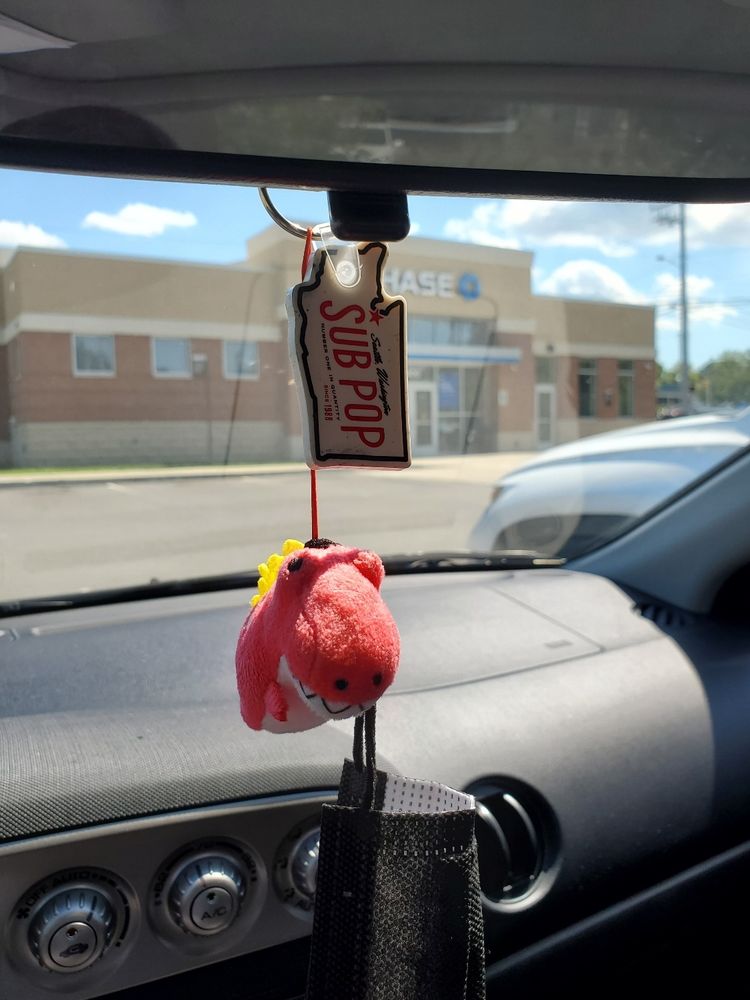 red t-rex & sub pop records keychains hanging from rearview mirror