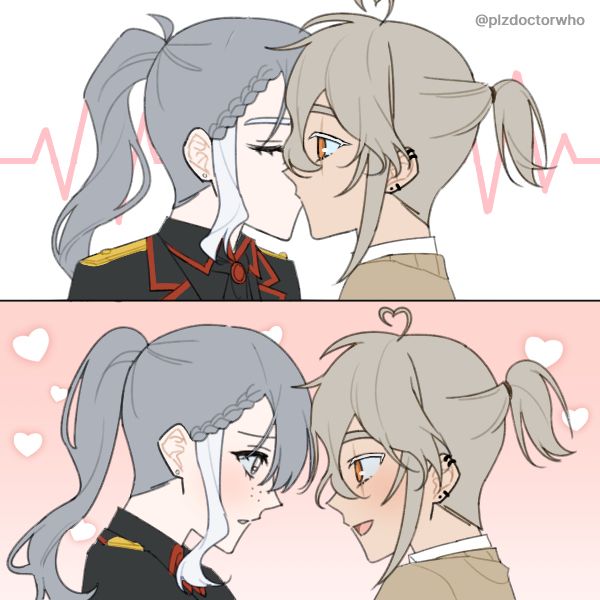 Dois personagens. Uma garota de cabelos cinzentos e mechas brancas que dá um beijinho em um rapaz de cabelos castanhos bem claros e cicatrizes