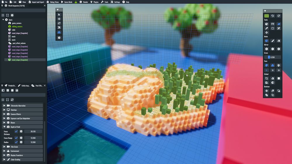 By dragging up, voxel grass is generated on the selected ground face.