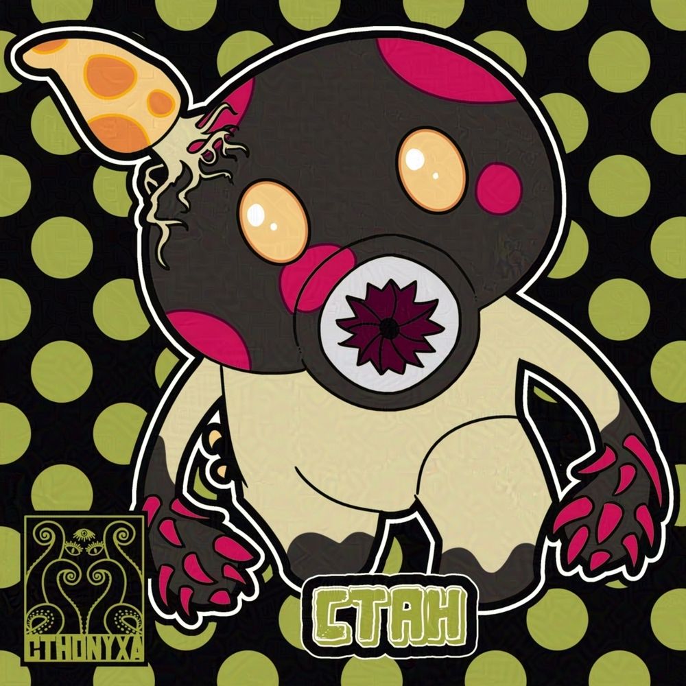 The drawing is of Ctah, a beige and black mushroom-like monster with pink spots and pink spikes on his hands. His round mouth and serrated teeth resemble a leech. On the top left of his head is a tall orange mushroom with dark orange spots that resemble the orange of his eyes. Cthonyxa’s logo is on the bottom left.