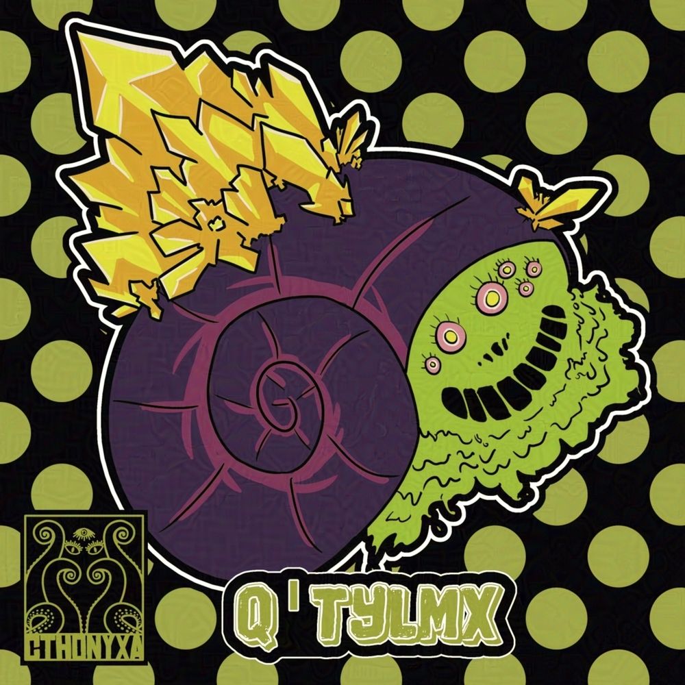 The drawing is of Q’tylmx, a green, gooey snail-like creature with a purple shell. They have several round pink eyes with yellow pupils and yellow crystals growing out of their back. Cthonyxa’s logo is on the bottom left.