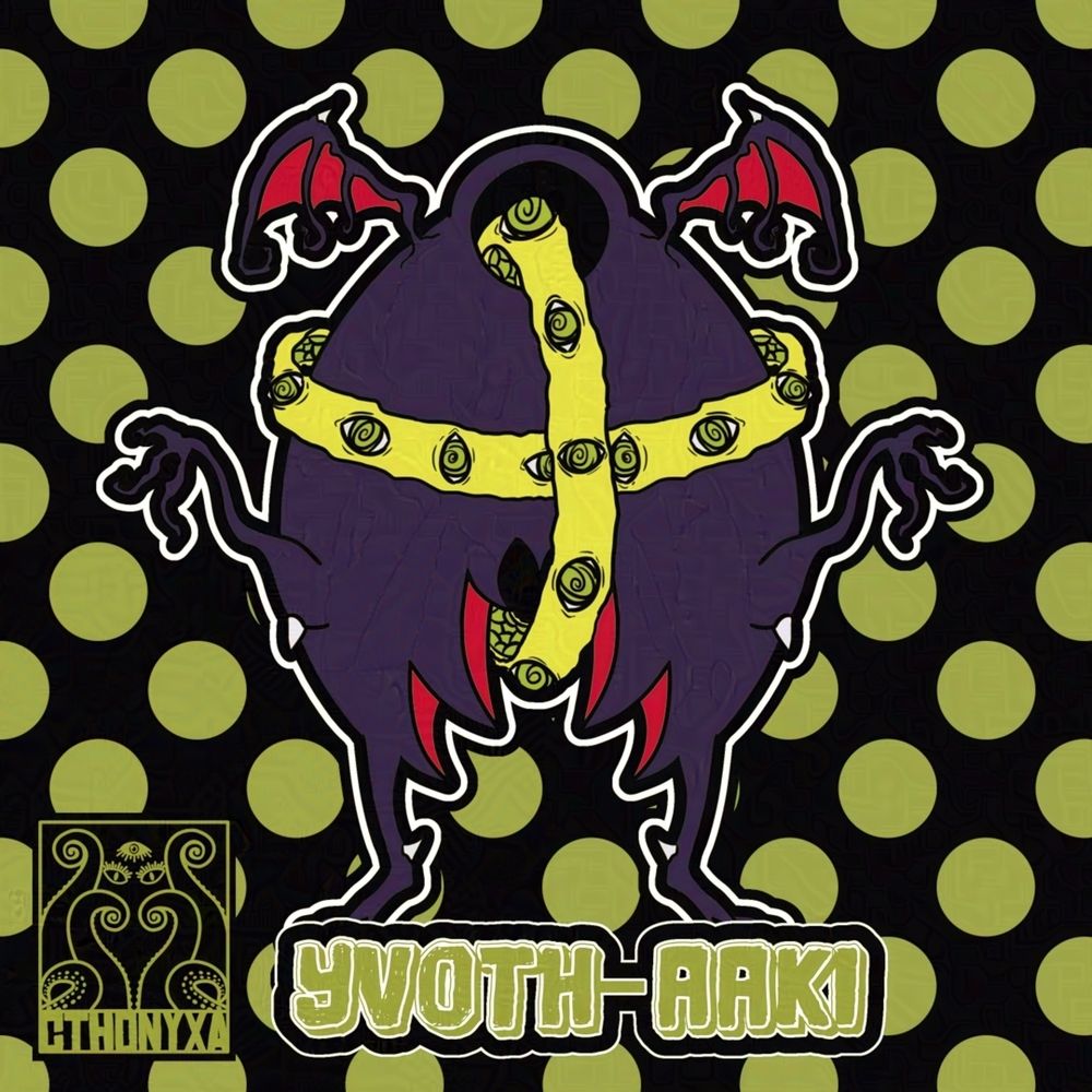 The drawing is of Yvoth-Aaki a purple monster with small, bat-like wings on his head, wiggly arms and legs. She has two yellow rings encircling her that have green swirling eyes on them. Cthonyxa’s logo is on the bottom left.