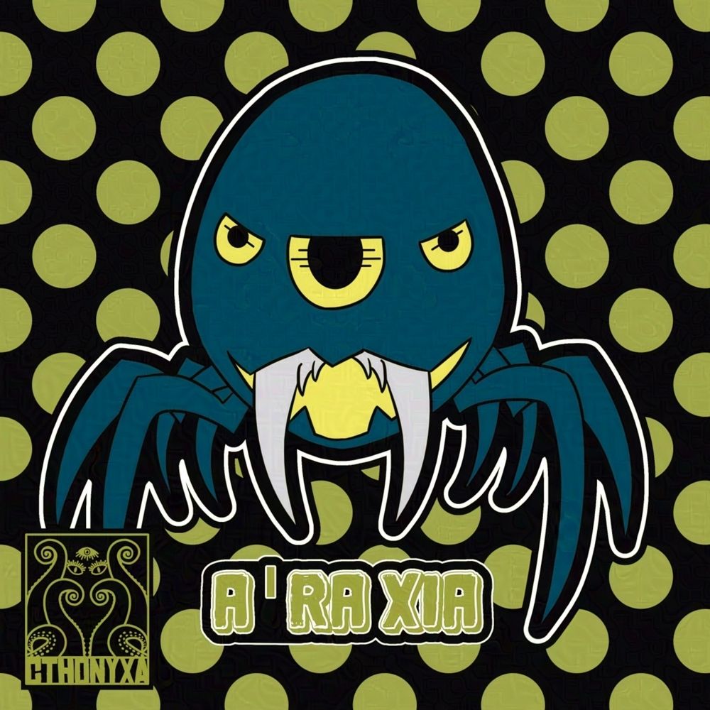 The drawing is of A’ra Xia, a dark blue spider-esque creature with yellow eyes, large, serrated fangs, and a glowing yellow mouth. She has three eyes; the center is the biggest with three horizontal lines through its pupil. The other two are smaller and have one line through the pupil. Cthonyxa’s logo is on the bottom left.