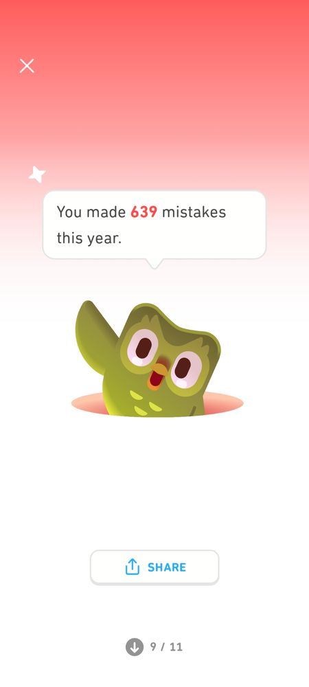 Smug looking owl from Duolingo, happily announcing that I made 639 mistakes this year.