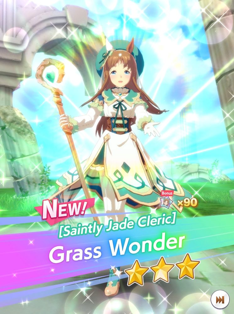An image from the video game Umamusume, a game where anime horsegirls run in fictional races. The image is of a special outfit for the horsegirl Grass Wonder which the poster pulled using the game's gacha mechanic. The title of the outfit is [ Saintly Jade Cleric ] and is themed as though the girl is a fantasy RPG cleric, with flowing green, gold, and white robes, a cute green beret, and a magical quarterstaff with a floating green gem in the center. A glowing aura surrounds her and she stands in front of a background that looks like ancient fantasy ruins. The user seems to have just pulled her and took a screenshot to celebrate it because the pull is a very rare one to get!