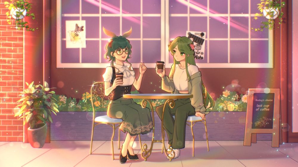 An image of the vtubers HelloEggie and Merri Mellow sitting outside a cafe drinking coffee and chatting. The light is soft and seems to be either early morning or the twilight hours just before nightfall. A sign nearby says "today's choice - last cup of coffee".