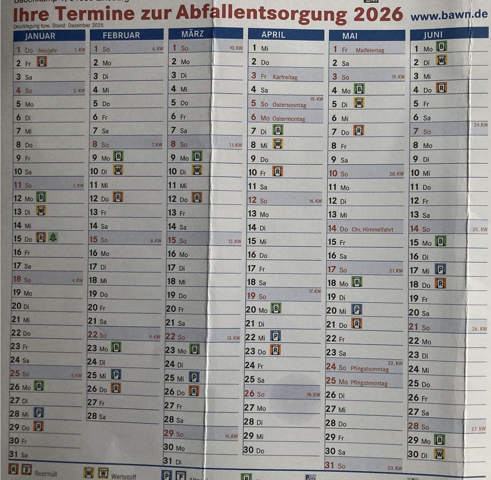 Abfallkalender für Linsburg,  erstes Halbjahr 2026