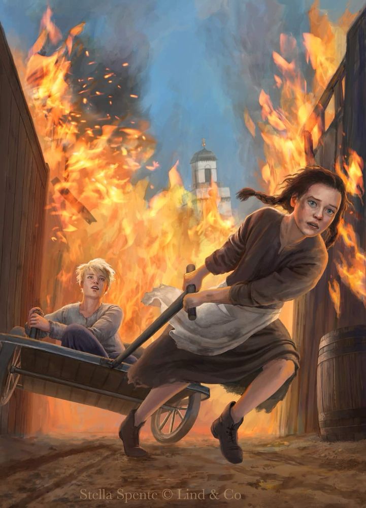 A girl running from fire, dragging a cart with a boy in it behind her 