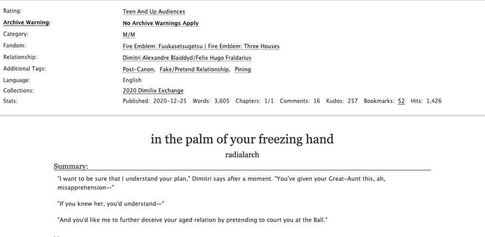 Ao3 screenshot of the tags and title and summary of the fic