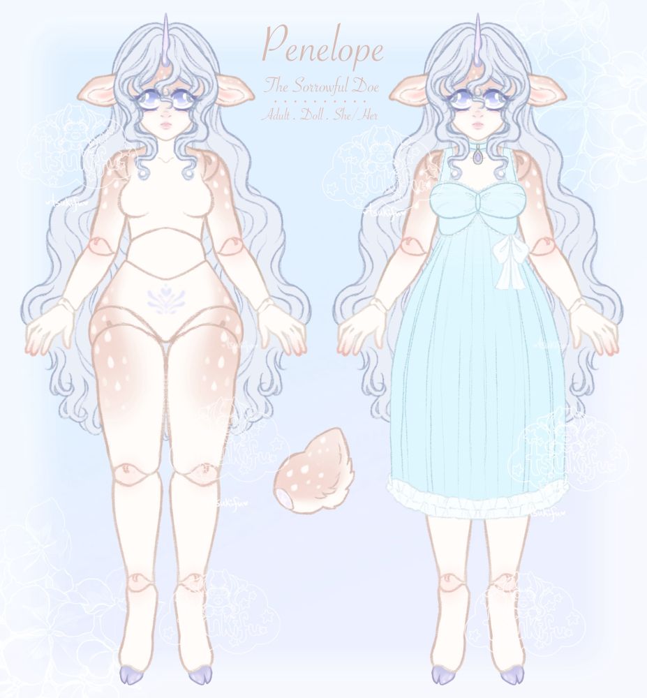 A symmetry reference of an anthro ball jointed deer girl. There is text that reads “Penelope, the sorrowful doe, adult, doll, she/her”