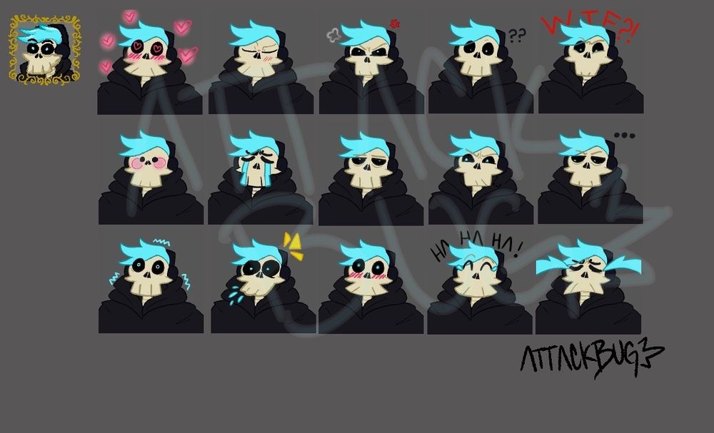 A sheet of my persona Java making various expressions, drawn by AttackBug! The base character is a skeleton wearing a black hoodie and large black headphones, with an aqua mohawk hairstyle.

Top row right to left: Blushing with hearts, begrudgingly blushing, angry, confused, what the fuck

Middle row: Cute blush, crying, tired, angry/skeptical, processing...

Bottom row: Wired, spit take, big blush, laughing, and sobbing.