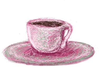 Sketch of a coffee cup and saucer in shades of pink with green contrasting highlights.