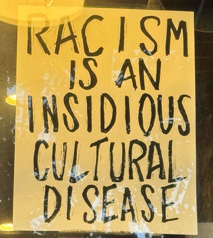White background with black hand lettered text “Racism is an Insidious Cultural Disease” 
