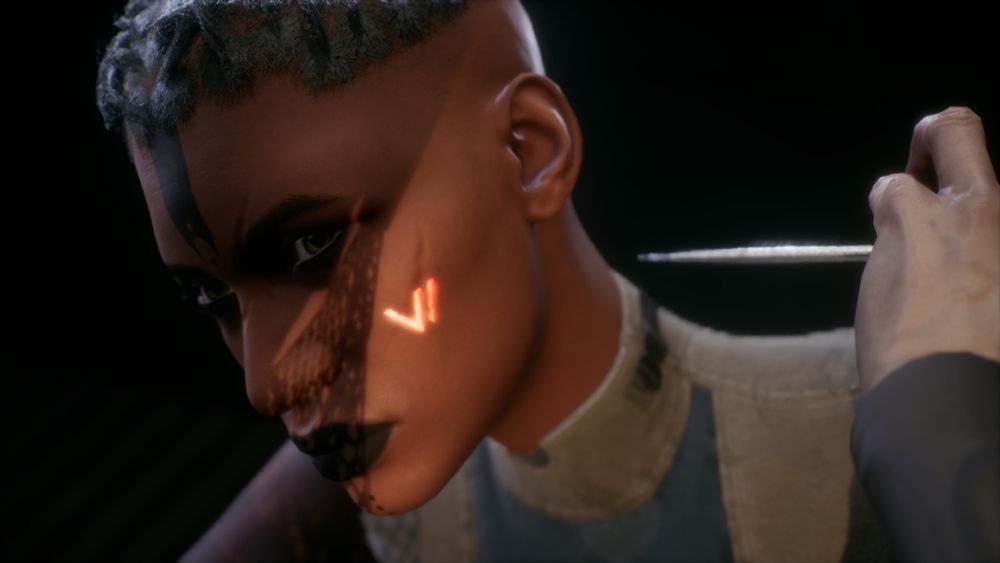 A black femme character with a VI mark on her face is glowing while a small knife is held to her neck.