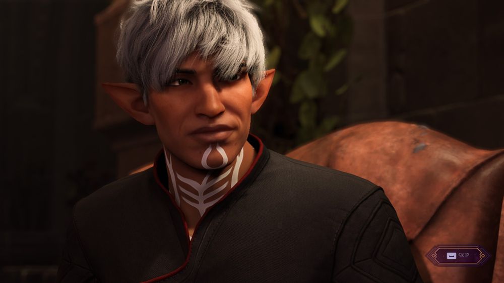 White haired elf smiling at someone to his right. Wearing a Black and red modified version of the Shadow Dragon casual wear. 