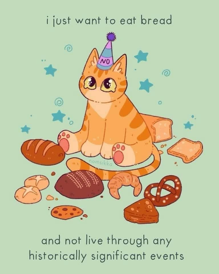 A crying cat surrounded by bread. I just want to eat bread and not live through any historically significant events. 