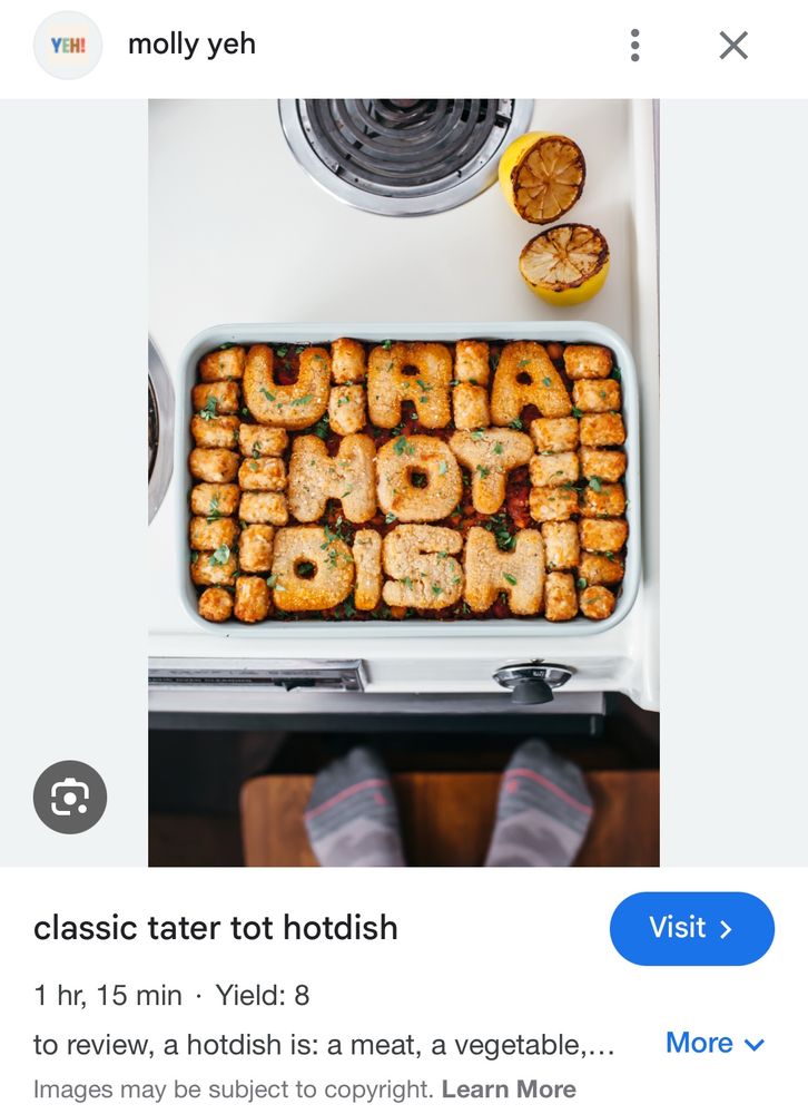 Molly Yeh recipe for tater tot hot dish with the phrase “U R A Hot Dish” spelled out on top.