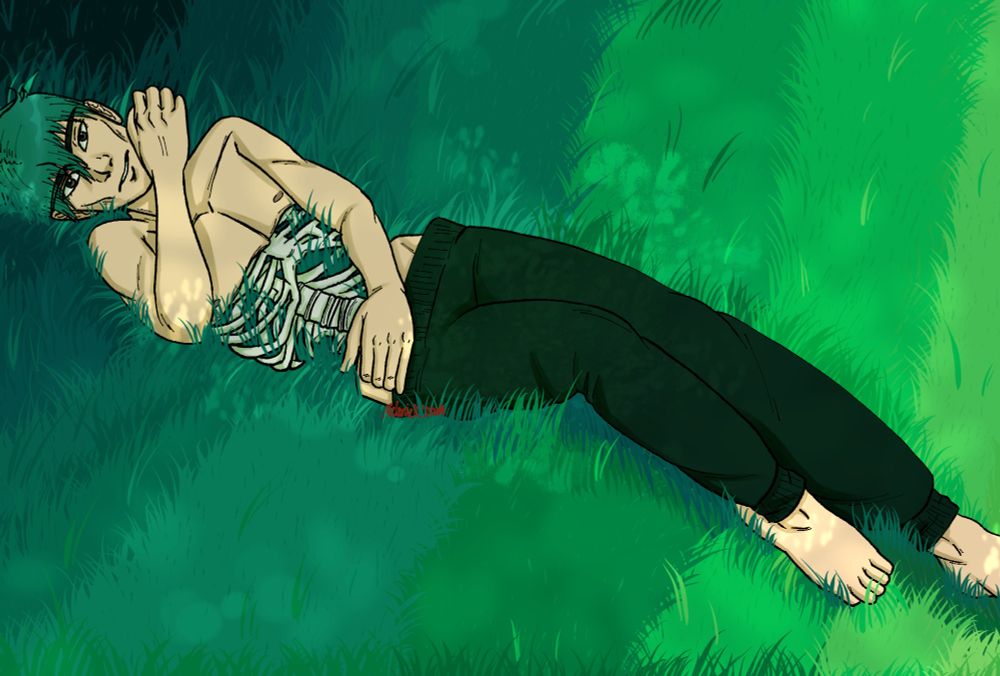A man in dark trousers lying in some green grass. He appears to be gazing in the direction of the viewer, his dark eyes looking off-screen, and he is not wearing shoes or a shirt. His skin is pale but from his chest down to his hips, we can see his ribcage and spine, with grass poking through the gaps in his bones as if growing through him.