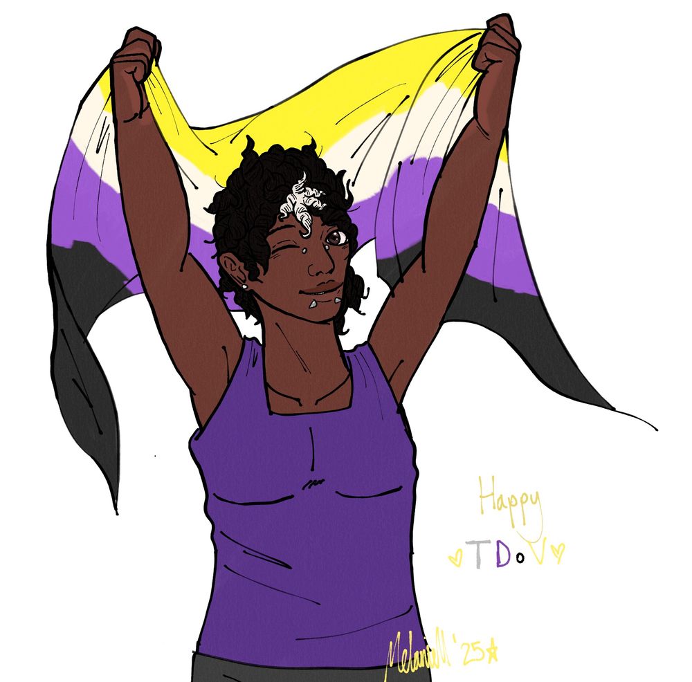 An image of a black/Asian adult with a rich dark brown skin-tone. Their hair is mostly black aside from some of it which is white, and tightly curled. They are wearing a purple tank top and grey shorts, and they are holding the non-binary flag high in the air (a flag with yellow, cosmic latte, purple, and black stripes), winking at the camera. They have a bridge piercing, pearl earrings, and two snake bite piercings.