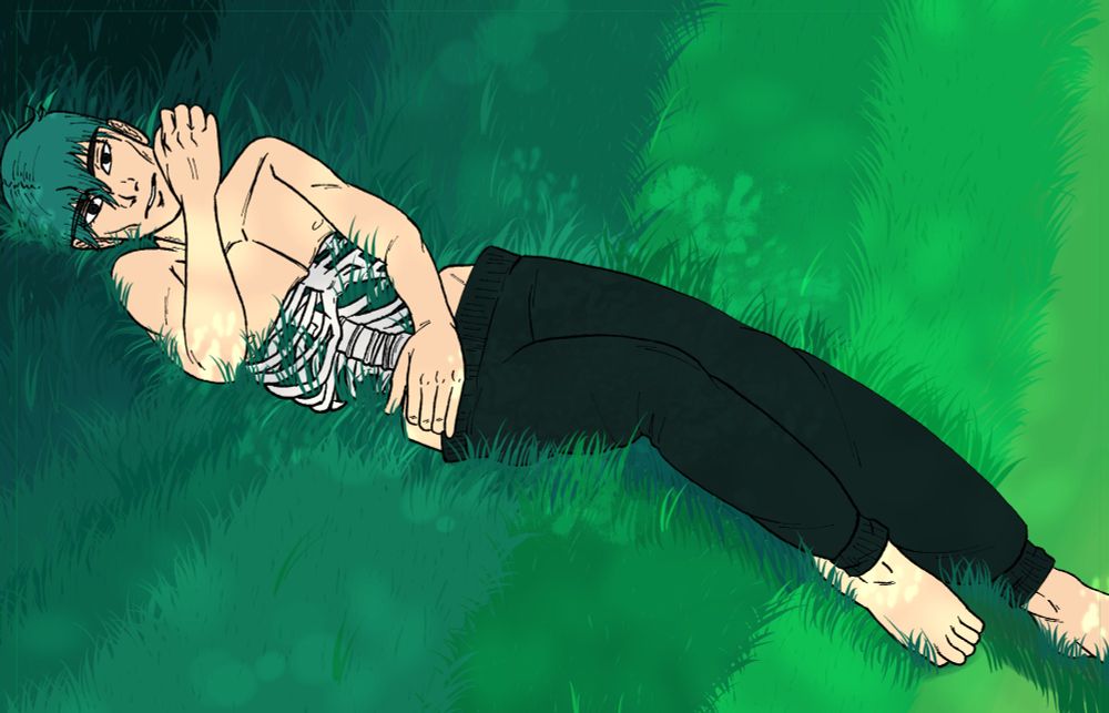 A man with teal hair lying in long green grass. His pose is relaxed with one leg up. He has dark eyebrows and eyes. He is shirtless, but from his chest down to his hips, we can see his ribcage and part of his spine - the bones are clean and empty with grass growing through them.