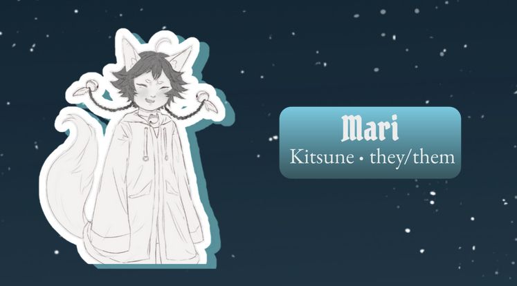 a child grins. text reads mari, kitsune, they/them