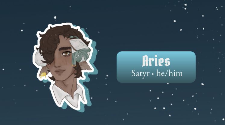 A satyr stares at the camera with a gentle smile. Text reads Aries, satyr, he/him