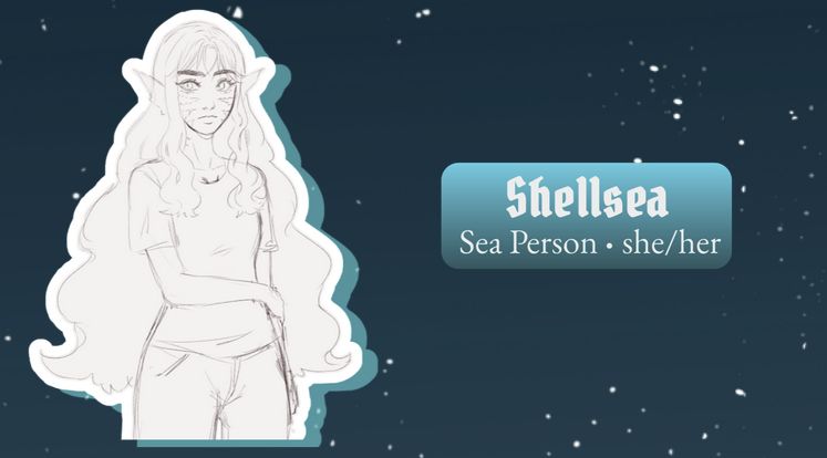 a woman stares blankly at the camera. text reads shellsea, sea person, she/her