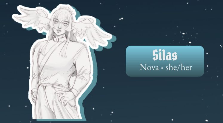 a woman smiles at the camera. text reads silas, nova, she/her
