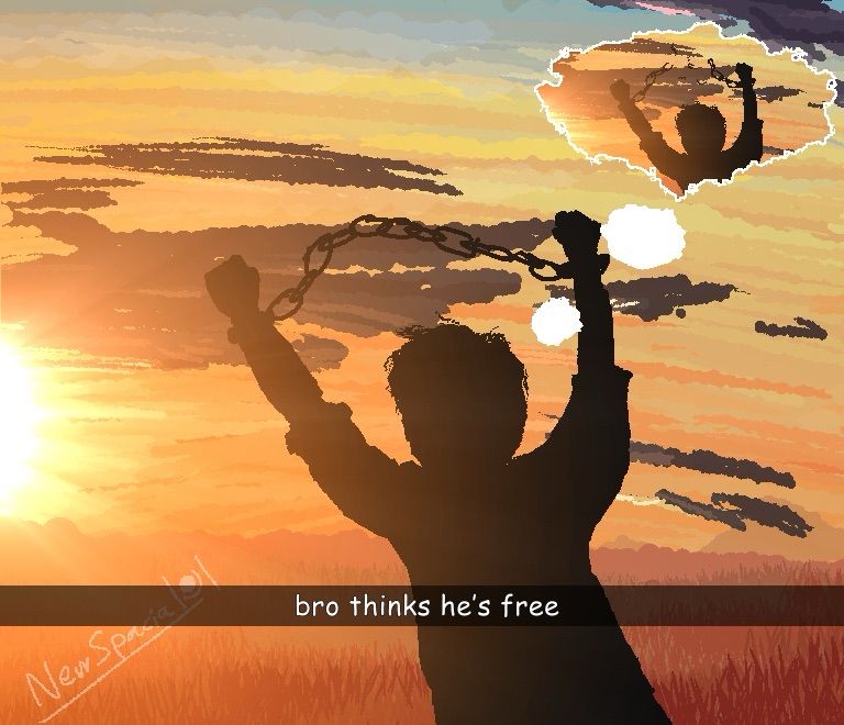 that meme about a person breaking their chains in a sunset but i drew it