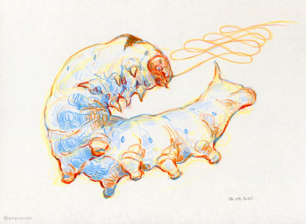 coloured pastel drawing in blues and oranges of a silkworm curled to one side spinning a thread of silk from it's mouth. 
