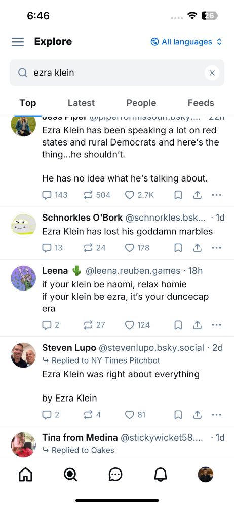 Screenshot of posts about Ezra Klein and not about Klein's new interview as @chatterton.bsky.social claims. 