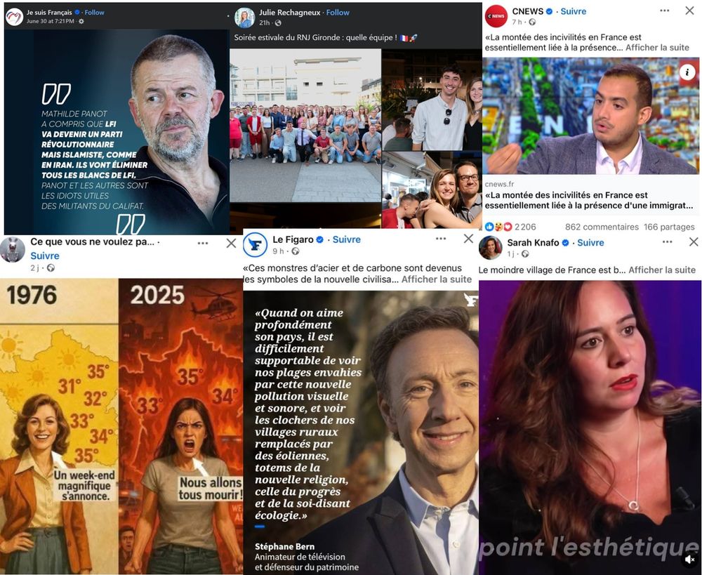 Capture d'écran de comptes d'extrême-droite comme le compte les Comptes de Sarah Knafo, Cnews, Julie Rechagneux, etc.