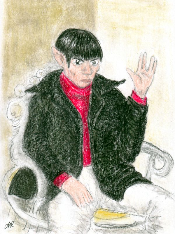 A portrait of a young vulcan boy, Spock (Stardate 2263.06-2263.02) by his father Sarek. He’s dressed in a red sweater and dark coat, seated with a solemn expression. The painting features warm tones and is rendered in oil on canvas.