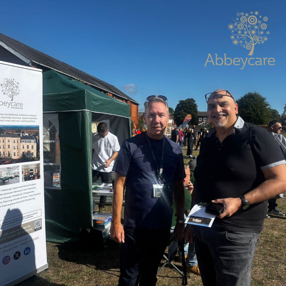 An Abbeycare team member standing with a festival attendee in front of the Abbeycare stand at the Gloucestershire Recovery Festival 2025, surrounded by other visitors.
Hashtags: #GloucestershireRecoveryFestival #AddictionSupport #Abbeycare #RecoveryFestival2025 #RecoveryCommunity #WellbeingSupport
