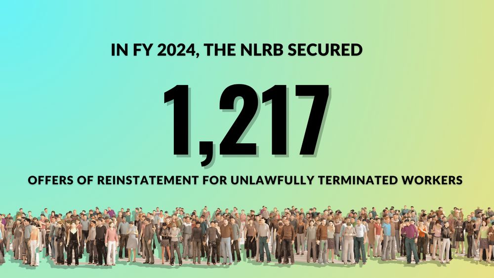 Black text over a blue-yellow gradient reads, "In FY2024, the NLRB secured 1,217 offers of reinstatement for unlawfully terminated workers." Below the text is a large group of people raising their hands.