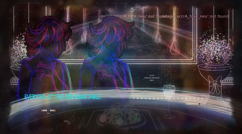 A screenshot, which has a bunch of sketched art and error text. Textbox reads EVERYONE AT THIS GOD DAMN TABLE