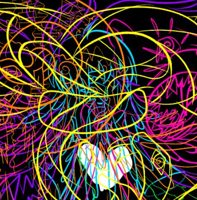 I'm gonna be real with yall, idk how to caption this. Its a bunch of linework layered on top of each other in a colorful abstract mess, and if you look close enough you may see figures in there.