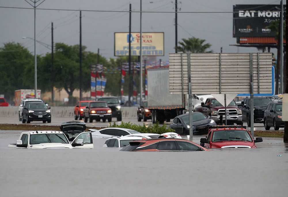 Trucks and cars up to their hoods in water.