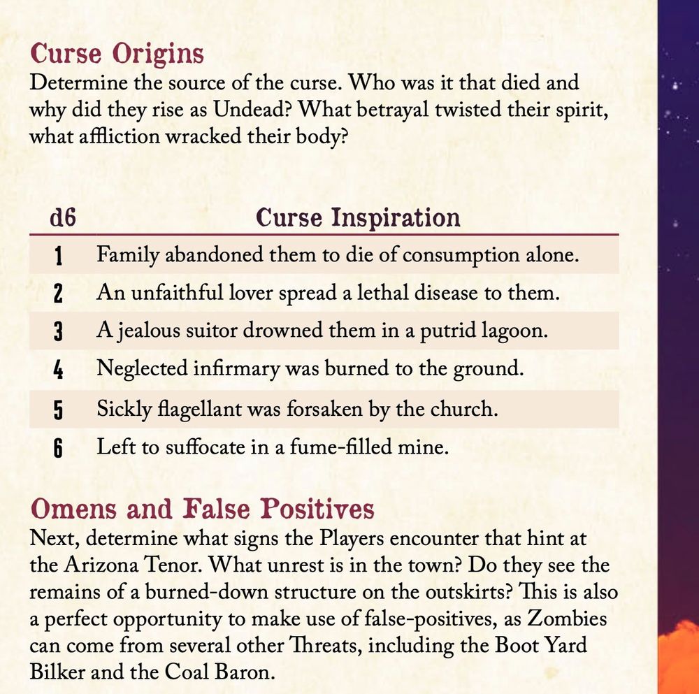 Guidance for creating evocative curses and omens for an Arizona Tenor, a horrifying spirit in a weird west roleplaying game.