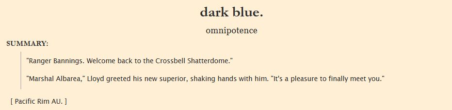 fic summary: "Ranger Bannings. Welcome back to the Crossbell Shatterdome."

"Marshal Albarea," Lloyd greeted his new superior, shaking hands with him. "It's a pleasure to finally meet you."